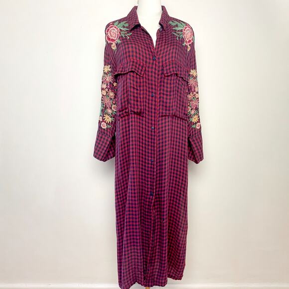 ZARA TRF Embroidered Boho Western Grunge Cowgirl Floral Duster Plaid Shirt Dress - Picture 1 of 10